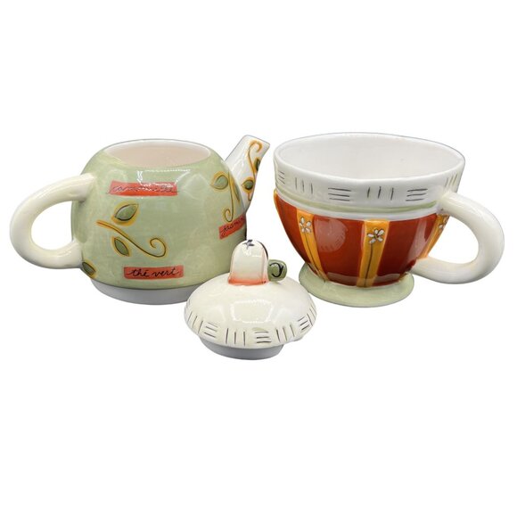 Collectible Tea For One Set Teapot Teacup Stackable Joie de Vivre pattern by MSC - Picture 4 of 16